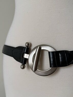 Vintage Black Leather Slide Belt | Croc Texture Minimal Silver Buckle